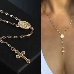 Vintage Bohemian Christian Cross Rosary Pendant Necklace